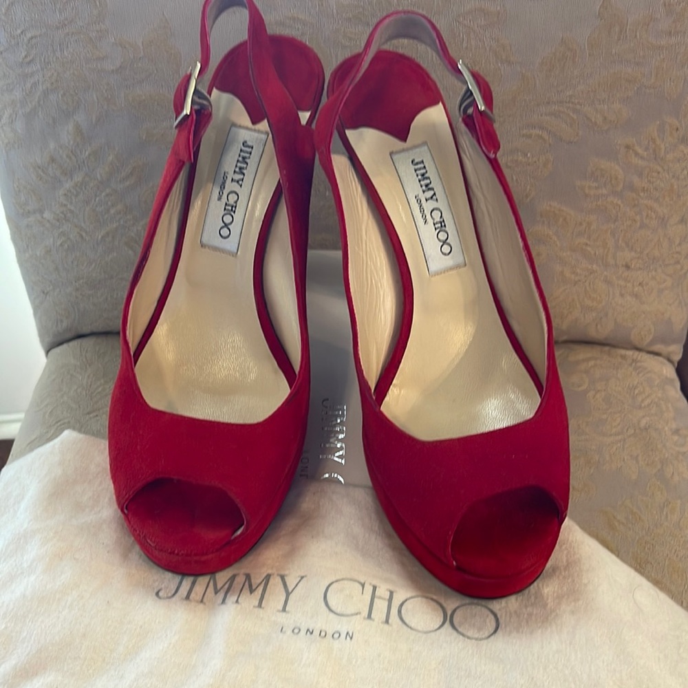Jimmy Choo red suede peep-toe sling backs in 39.5